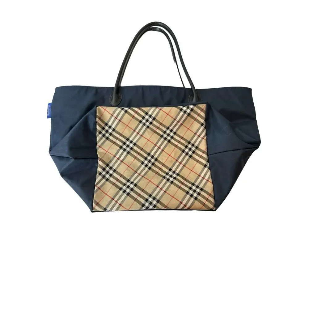 Burberrys Nova Check Blue Label Tote Bag Nylon Navy‎ Blue - Picture 3 of 12